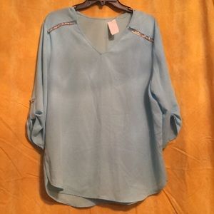 Light blue sheer V neck blouse (3X)